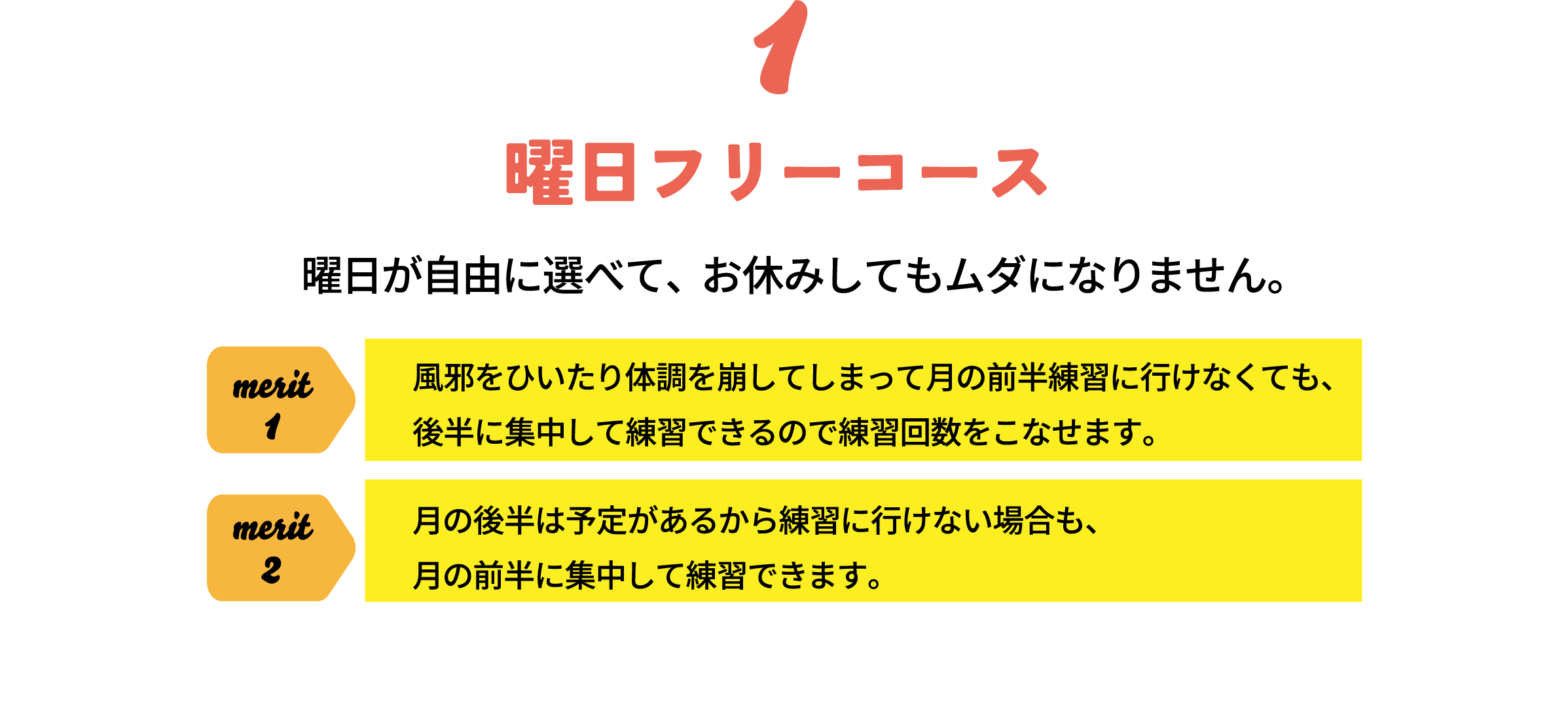 1 曜日フリーコース 曜日が自由に選べて、お休みしてもムダになりません。風邪をひいたり体調を崩してしまって月の前半練習に行けなくても、後半に集中して練習できるので練習回数をこなせます。月の後半は予定があるから練習に行けない場合も、月の前半に集中して練習できます。