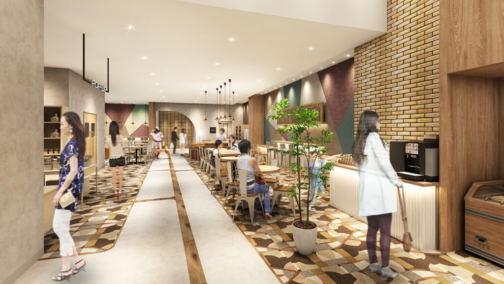 フィットネスクラブ東京ドーム 柏の葉店 開放感のあるラウンジとショップスペース