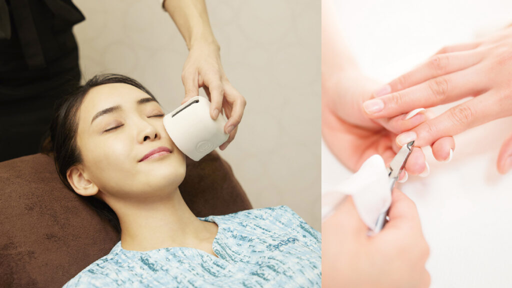 左側にリラクゼーションを受けている女性と右側にケアされている爪の様子