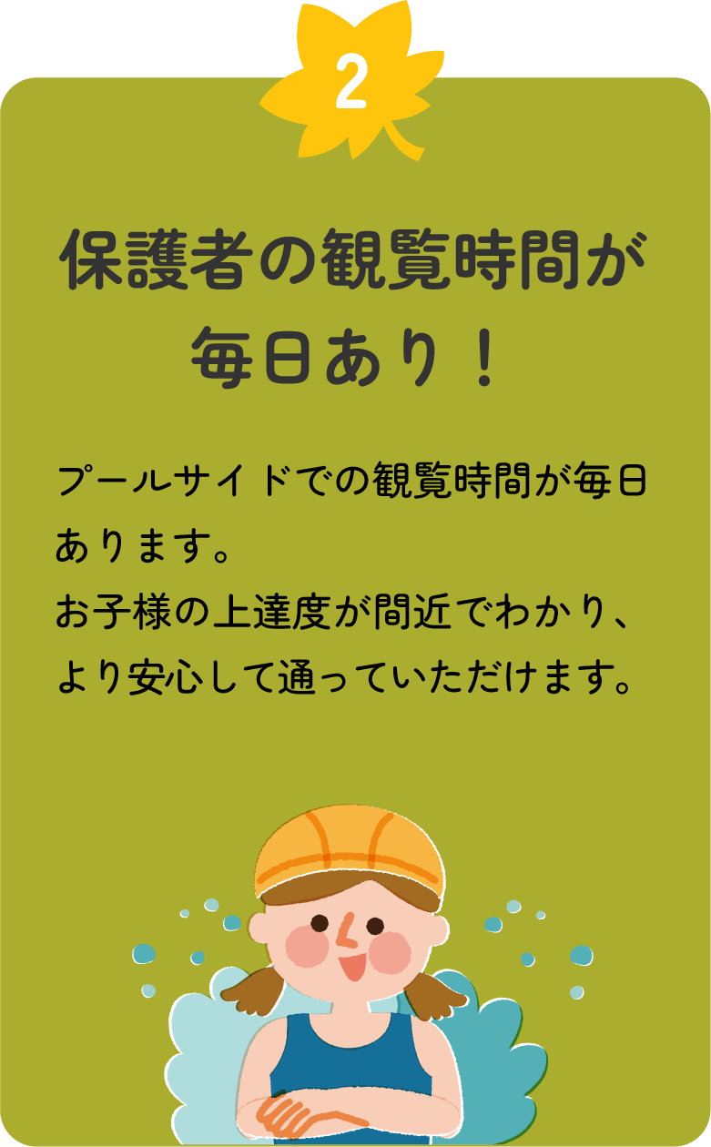 2 保護者の観覧時間が毎日あり！　プールサイドでの観覧時間が毎日あります。お子様の上達度が間近でわかり、より安心して通っていただけます。